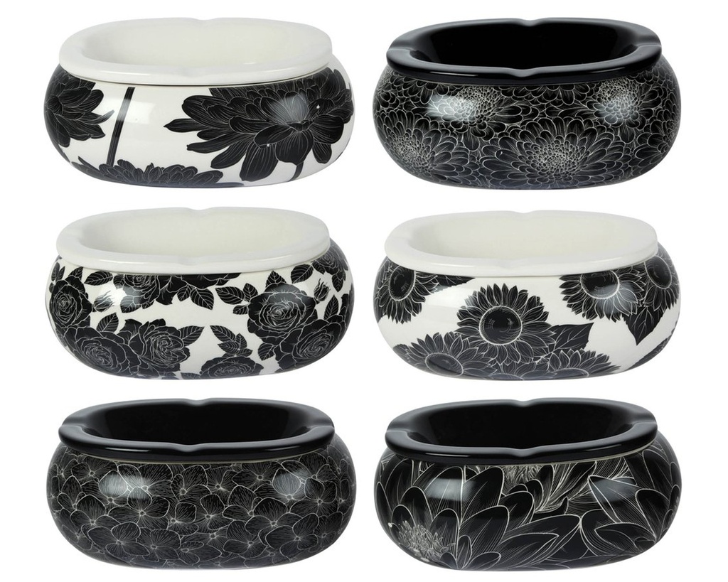 Ashtray - Ceramic Oval Flowers Black/White 4 Cigars Different Designs - 23117